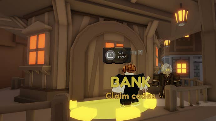 A Roblox character standing by the Bank in Pixel Blade, with a prompt to press the E key to enter it.