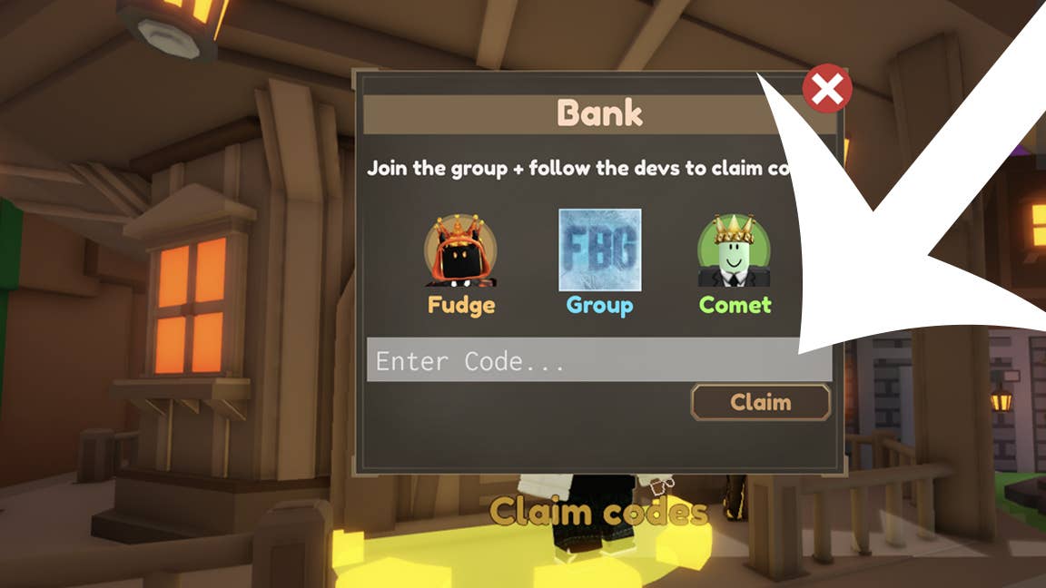 Uma seta apontando para o menu Códigos na lâmina Pixel Roblox Game Pixel.