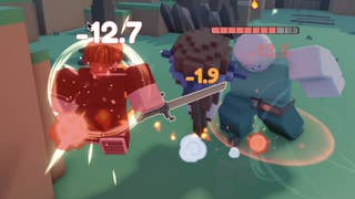 A Roblox character being hit in the air by a large enemy in the action RPG Pixel Blade.