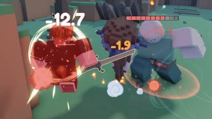 A Roblox character being hit in the air by a large enemy in the action RPG Pixel Blade.