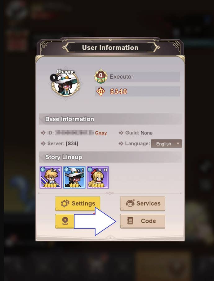 Arrow pointing at the button players need to press to redeem codes in Pixel Heroes.