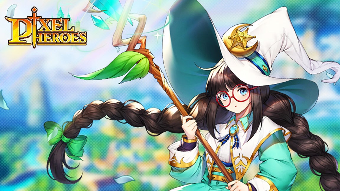 Artwork for the gacha game Pixel Heroes showing an anime-style female mage character holding a staff.