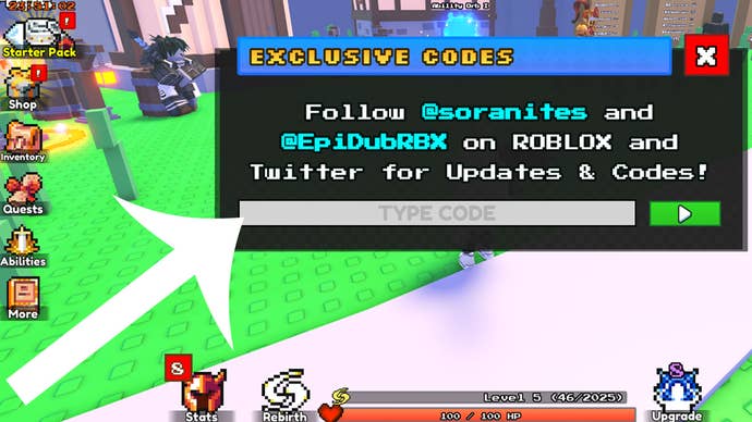 Menu used to redeem codes in Roblox Pixel Slayer.