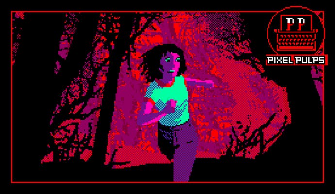 A pixelart image of a feminine character running towards the screen in a dark and red-hued woods. Rather you than me.