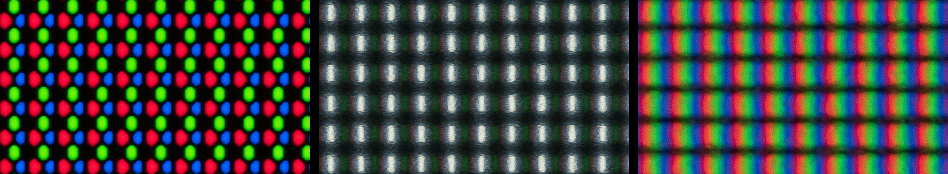 subpixel arrangements compared: triangular rgb (left), rwbg (middle), rgb (right). Original image credit: RTings.