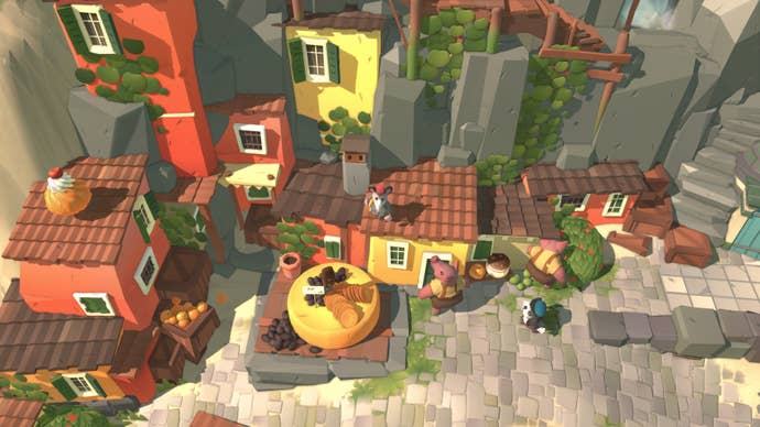 A ravenous possum scuttles across rooftops in a sunny village to get the drop on a giant wheel of cheese in Pizza Possum