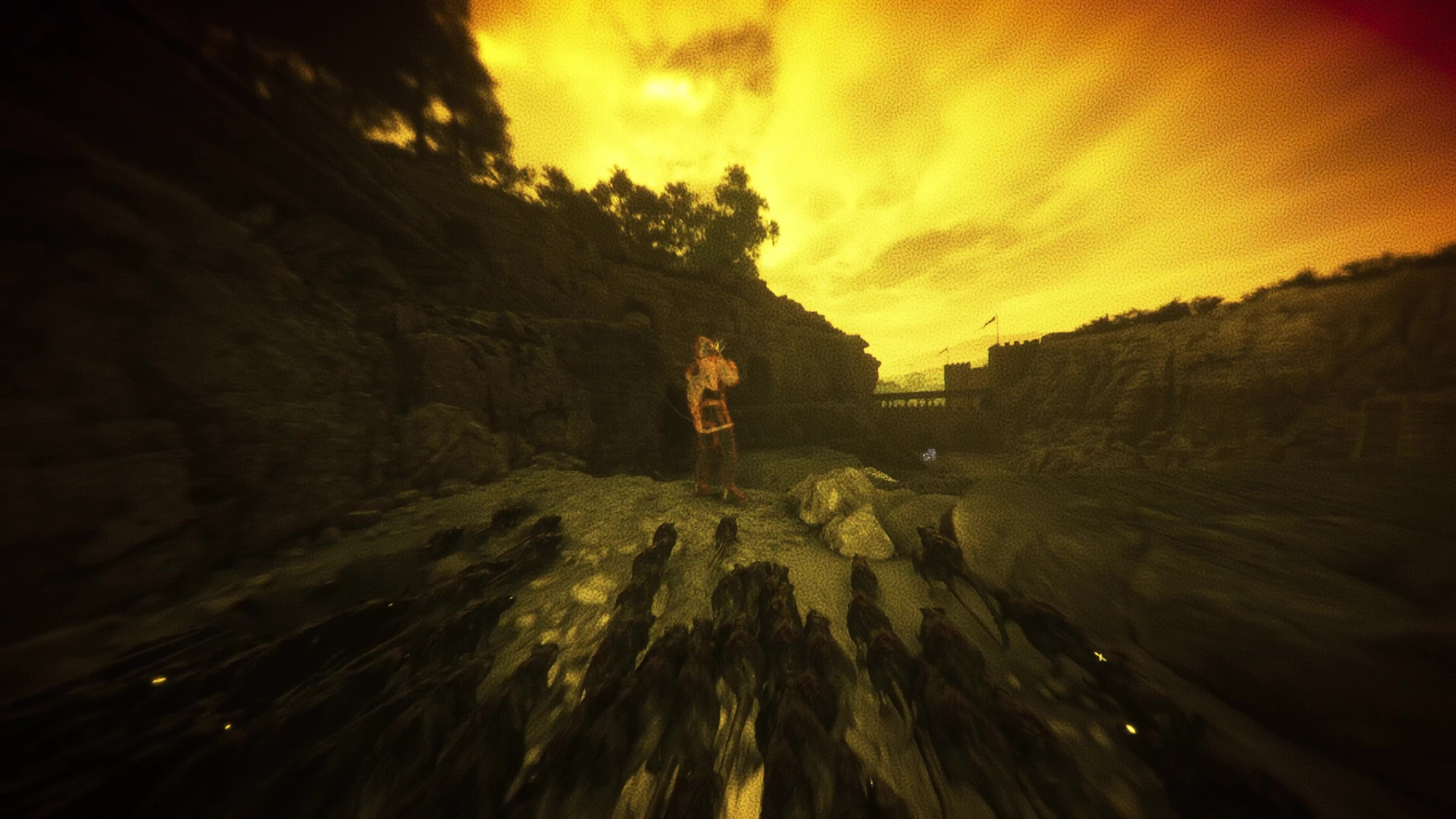 A swarm of rats approaches an unaware soldier. This is seen from the rat&rsquo;s view, the world dark with yellow tinges.