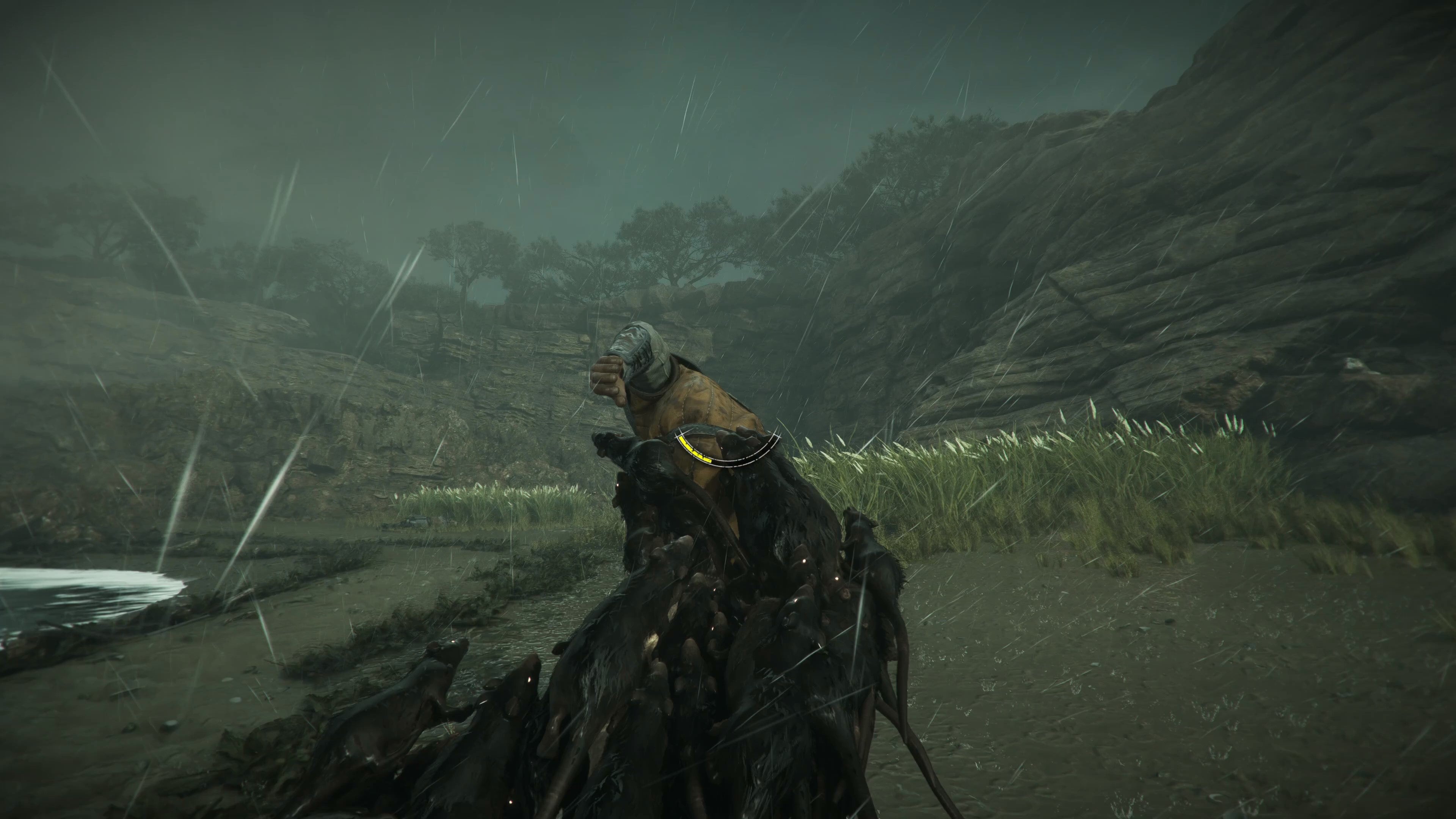 Rats climb up and eat a soldier on the shores of a beach in stormy weather.