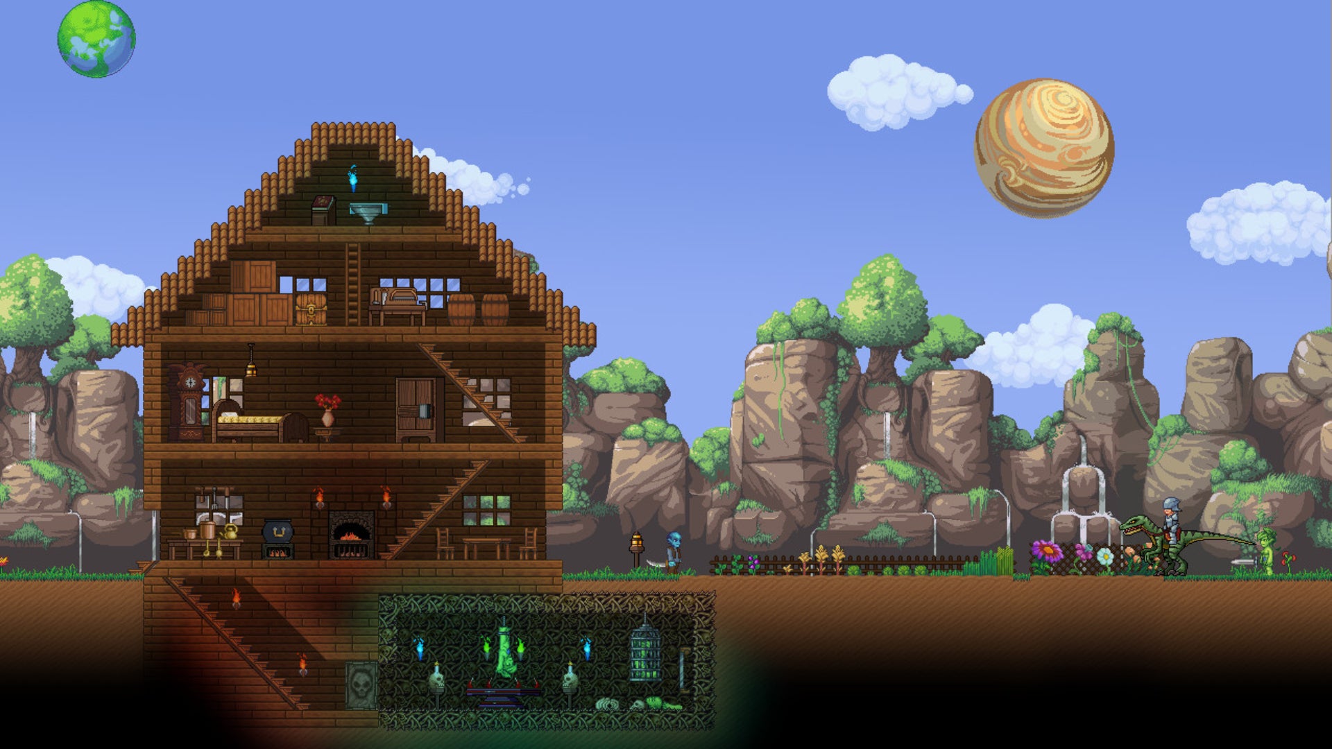 A player riding a dinosaur near a house in Planet Centauri. - 1