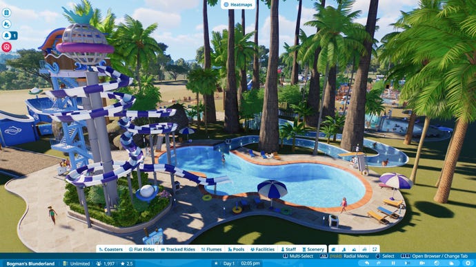 An artificial river is made from a snaking wading pool among some jungle trees.