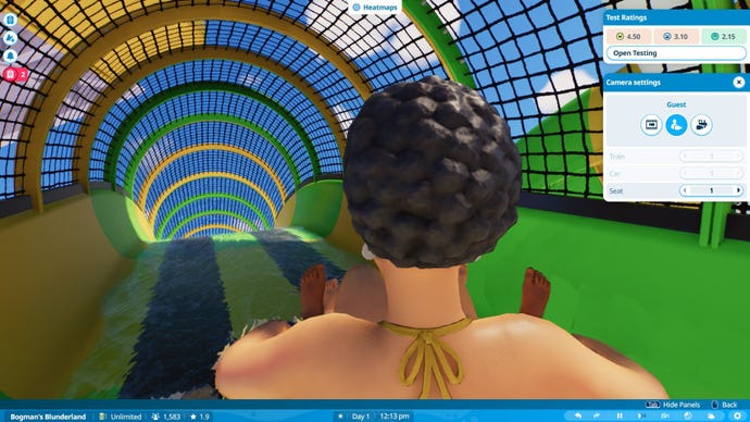 A woman slides down a waterslide in a dinghy.