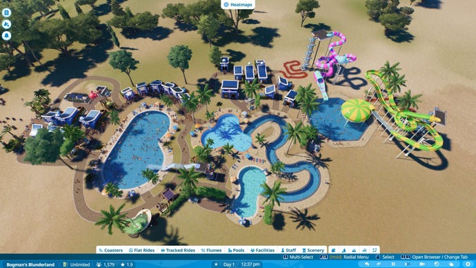 An aerial view of a basic water park.
