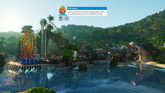 A ferris wheel rotates above the shoreline of a jungle map.