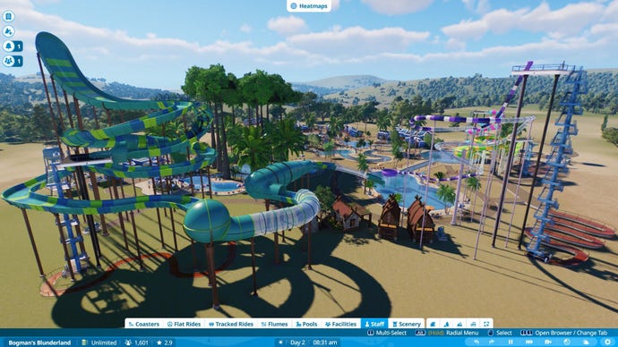 A twisting raft ride towers into the sky.