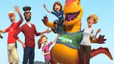 Planet Coaster artwork showing guests and a person in a dinosaur mascot costume.