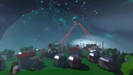 A flying spaceship fires laser beams to destroy buildings in free RTS Planet S