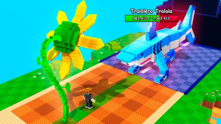 Artwork for the Roblox game Plants vs Brainrots, showing a Roblox character standing by a huge plant with a large shark that's wearing trainers on the opposite side.