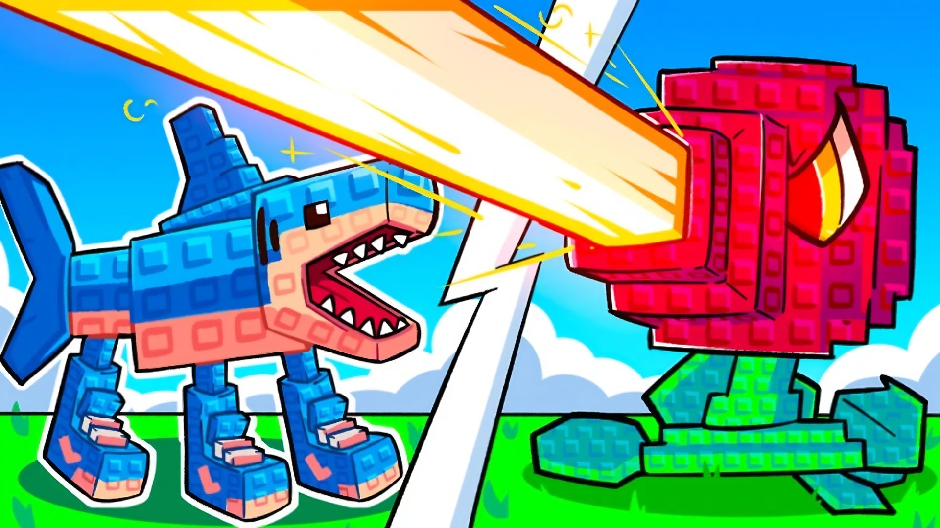 Stylised artwork from the Roblox game, Plants vs Brainrots, depicting a plant and a brain rot doing battle. - 1