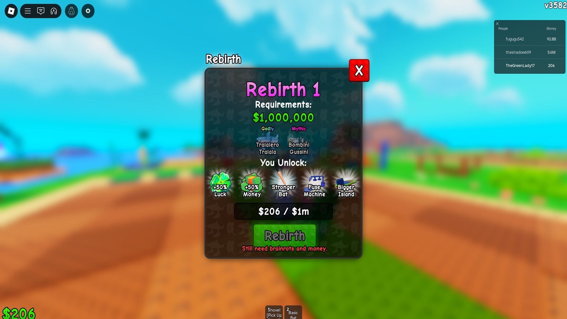 The rebirth menu in Plants Vs Brainrots shows the requirements and rewards for rebirth level 1. - 4