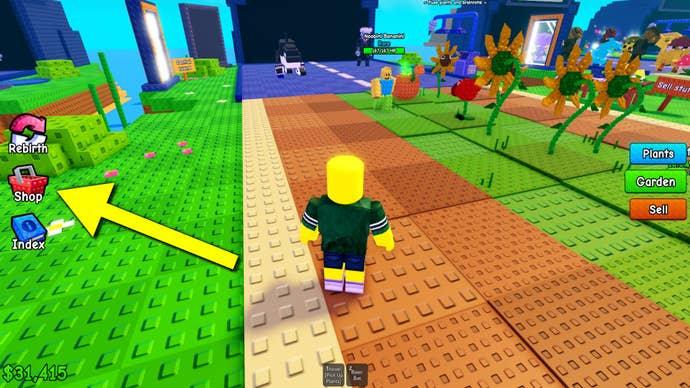 A screenshot from the Roblox game Plants vs Brainrots, with an arrow pointing to the in-game shop icon.