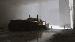 Concept art for Playdead's unnamed third project showing the protagonist standing near what looks a hi-tech tractor in a huge, cavernous room.