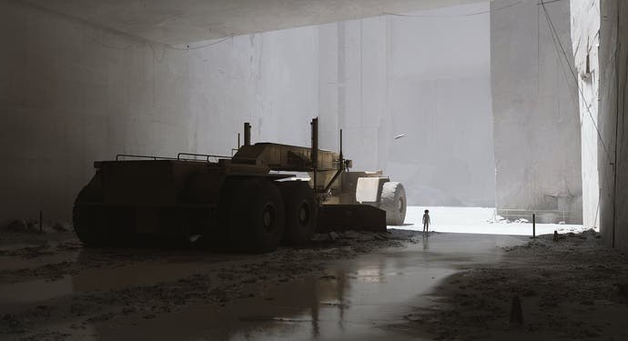 Concept art for Playdead's unnamed third project showing the protagonist standing near what looks a hi-tech tractor in a huge, cavernous room.