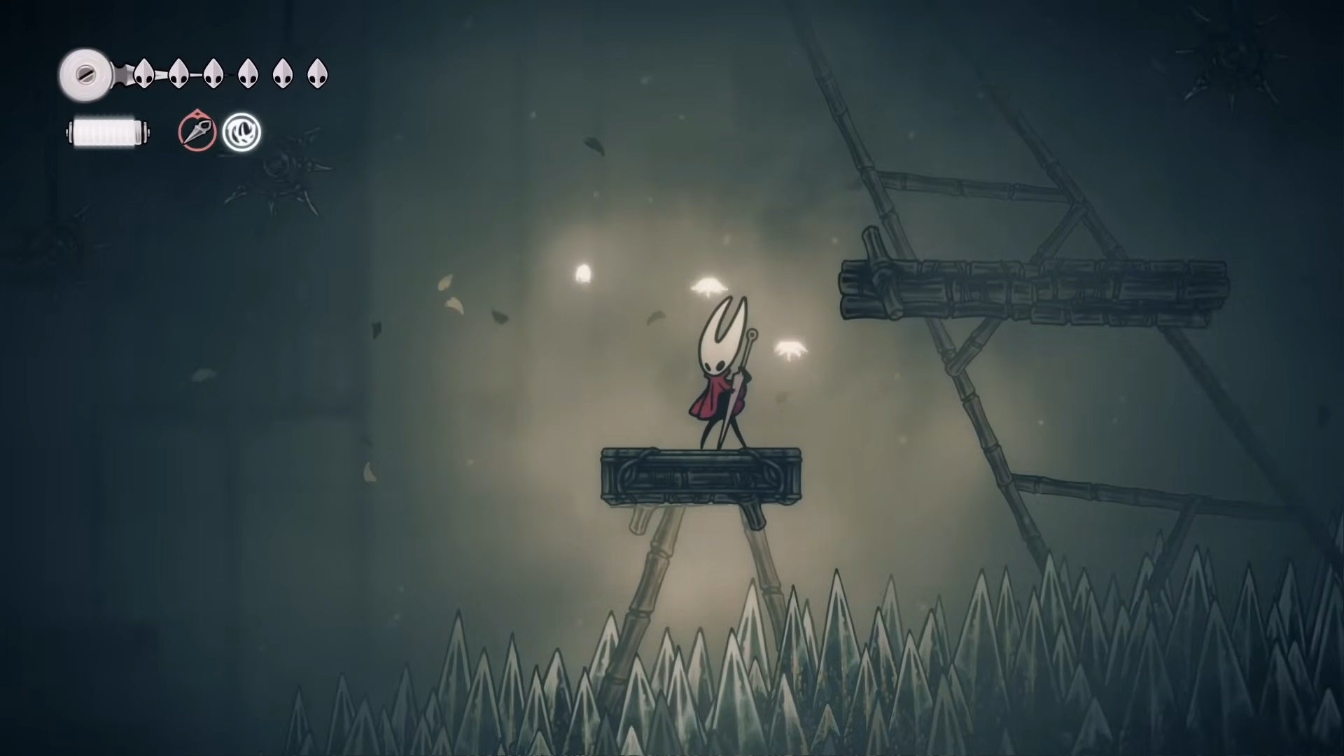 Hornet plays her Needolin for some butterflies in The Mist in Hollow Knight: Silksong. - 5