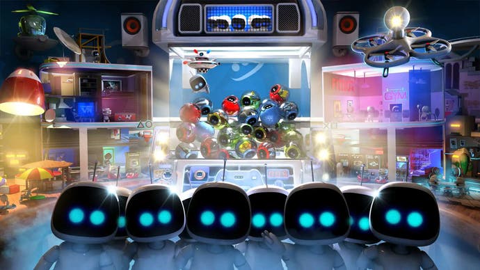 The Playroom VR, featuring multiple Astrobot characters in front of a minigame-themed backdrop