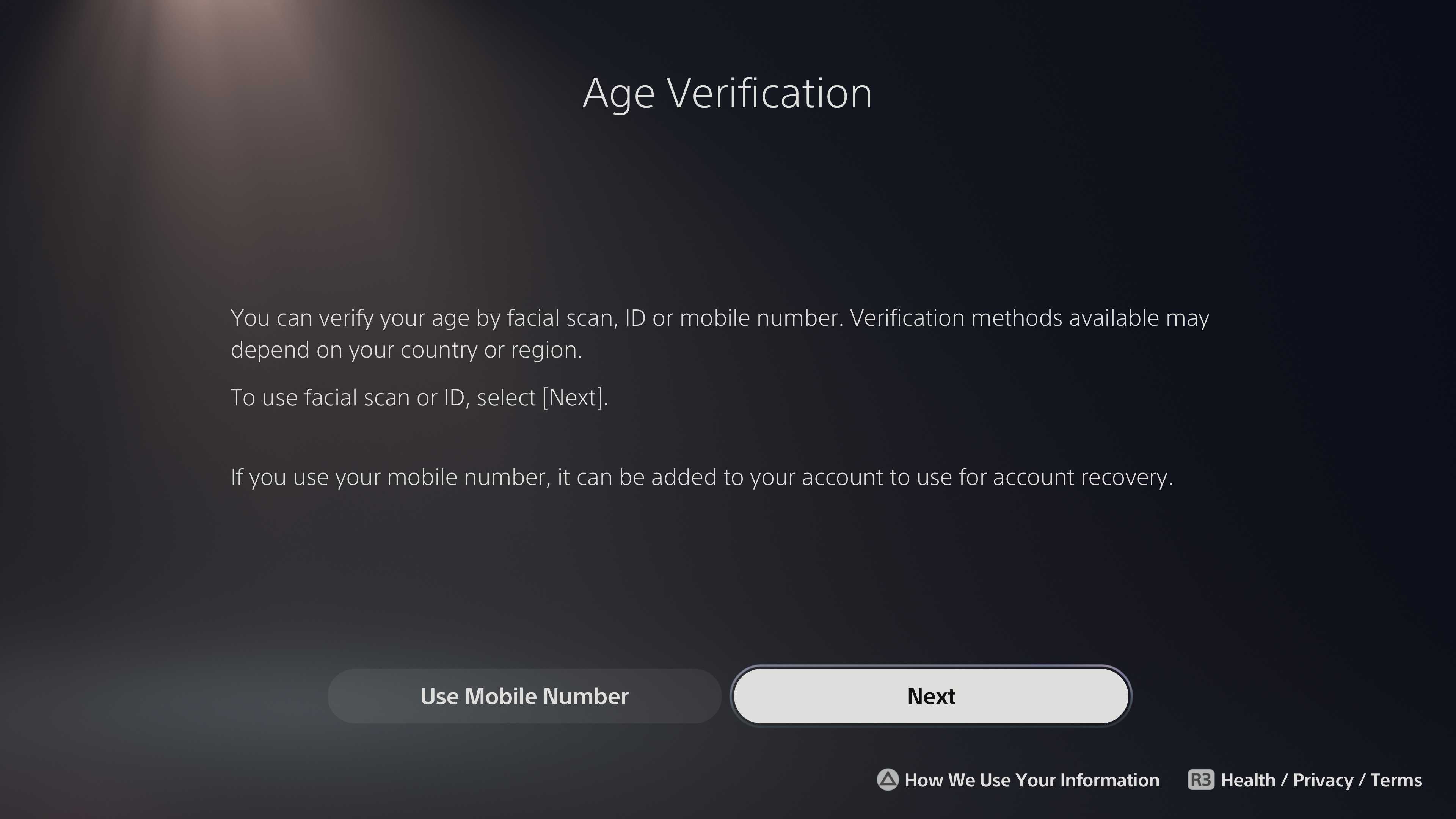 A black and grey PlayStation prompt screen with text explaining age verification.