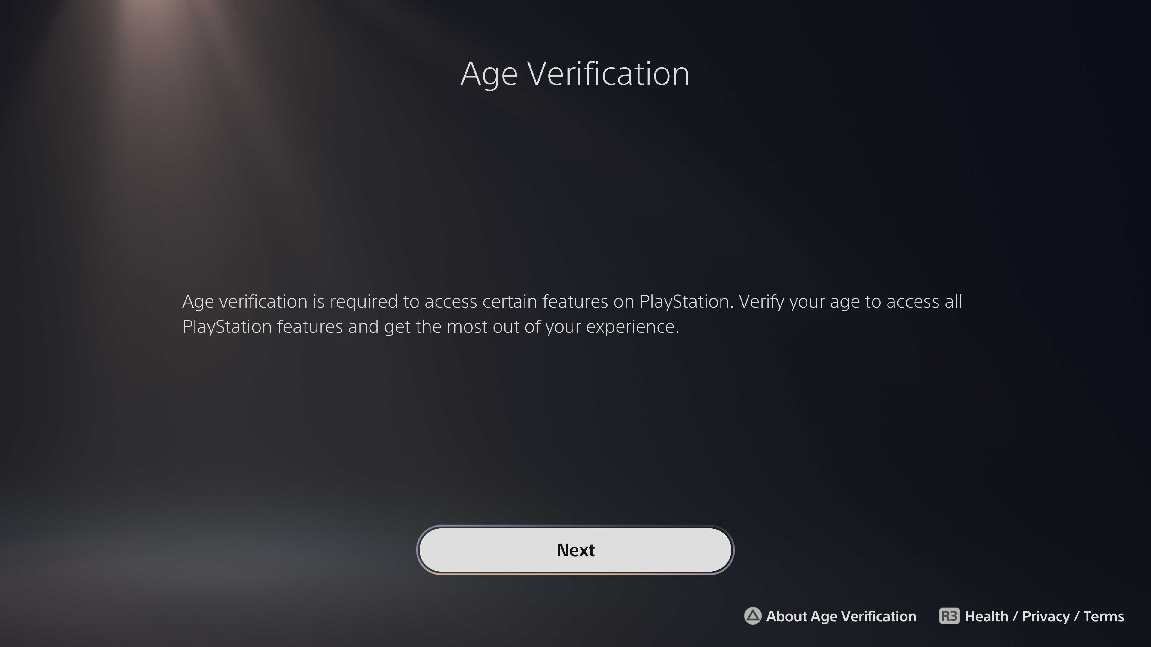 PlayStation 5 age verification screen