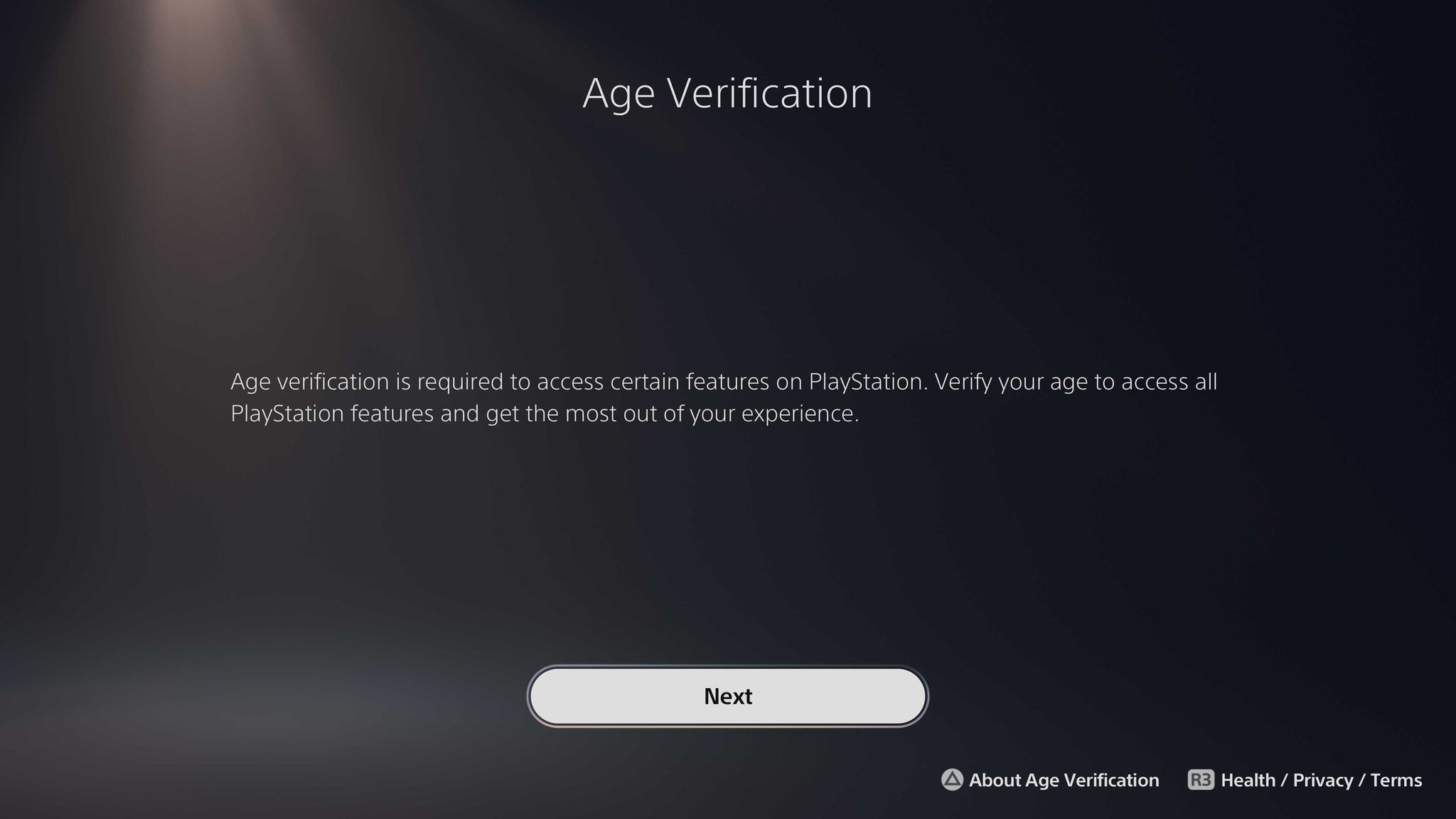 PlayStation 5 age verification screen
