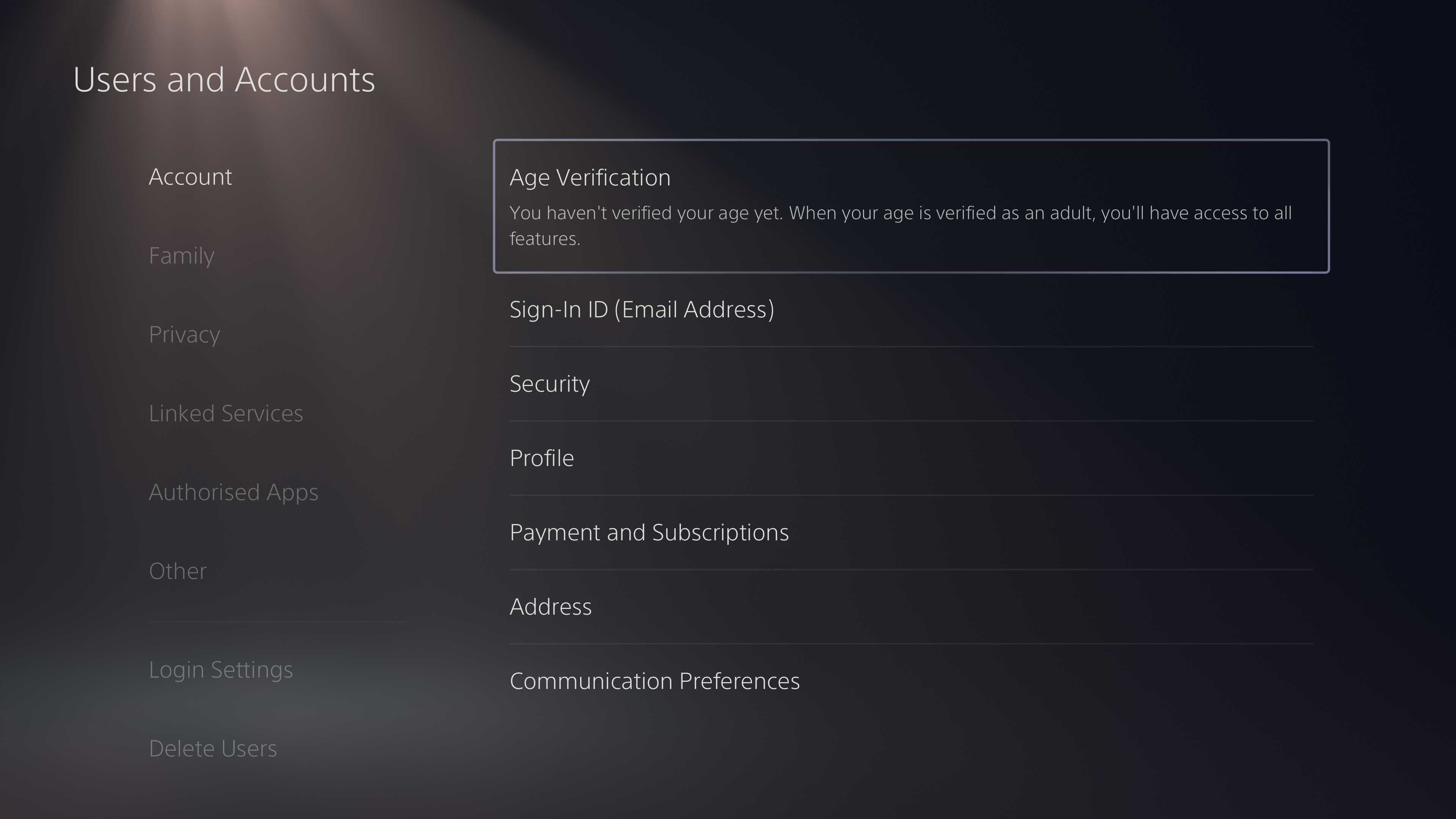 A black and grey PlayStation prompt screen with text explaining age verification.