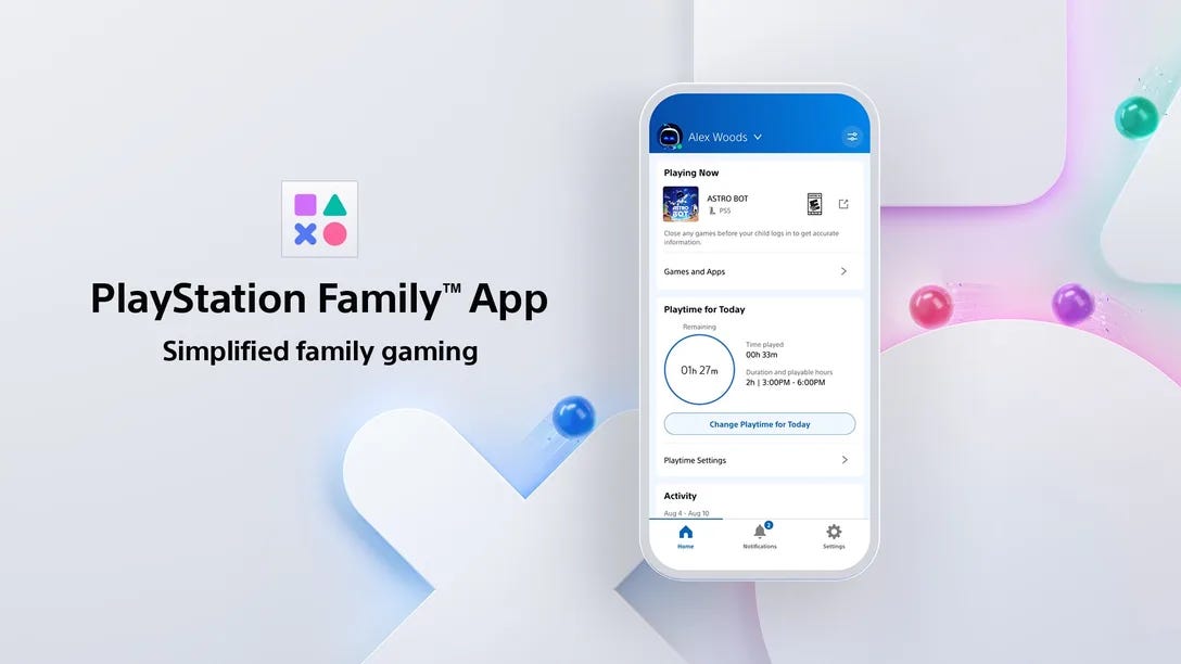 A render of a phone running the PlayStation Family App, which is largely quite boring to look at. But pleasantly designed. Some PlayStation design elements can be seen on the background behind it.