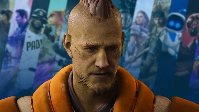 A forlorn-looking character from Concord superimposed over images from several PlayStation games.