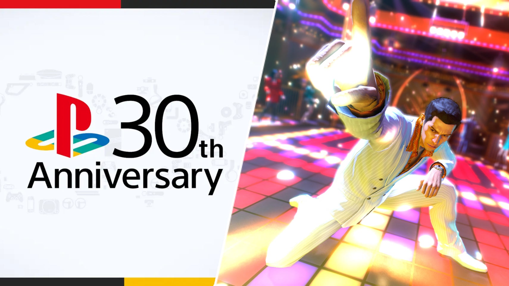 The PlayStation 30th anniversary logo alongside Kiryu dancing in Yakuza Zero. - 1