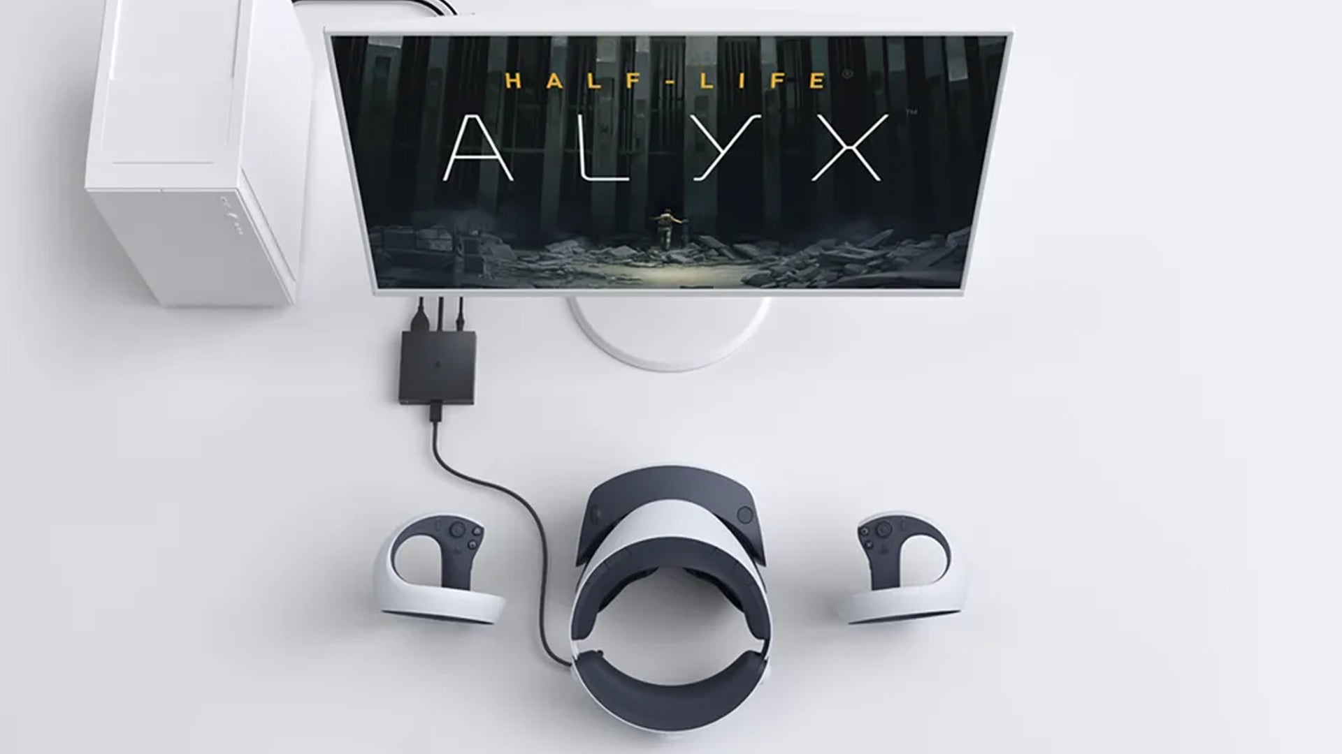 A PlayStation VR2 headset plugged into a computer running Half-Life: Alyx - 1