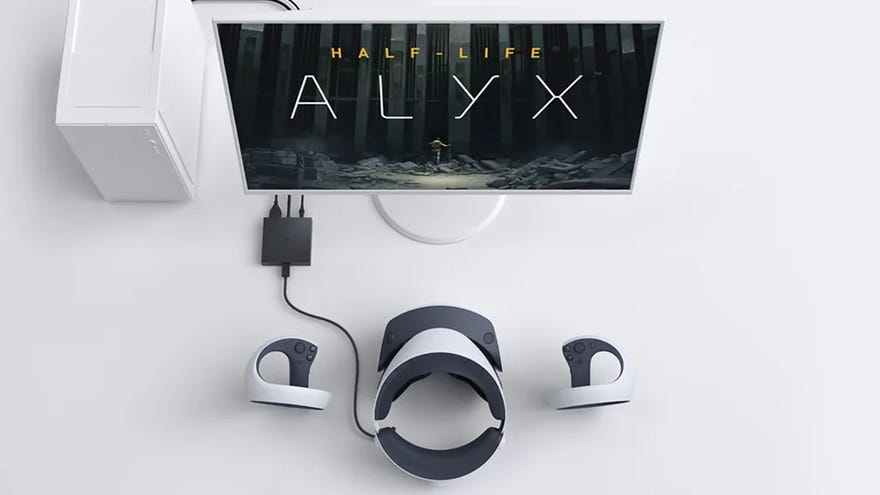 A PlayStation VR2 headset plugged into a computer running Half-Life: Alyx