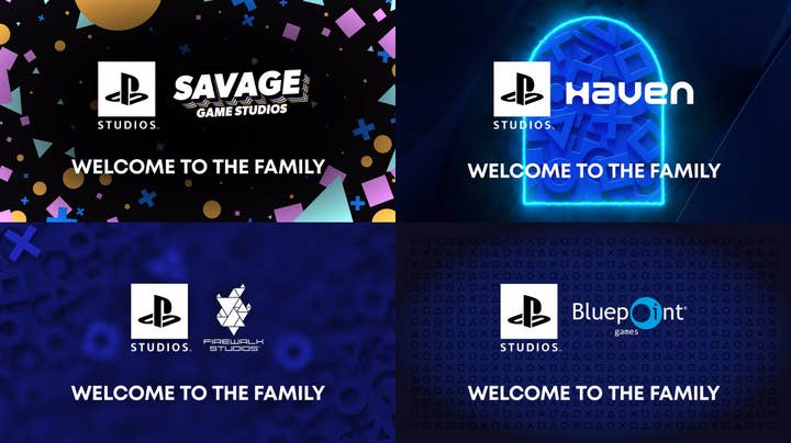 Four images Sony made to announces the acquisitions of Savage, Haven, Firewalk, and Bluepoint, each one with a "Welcome to the Family" tagline on it