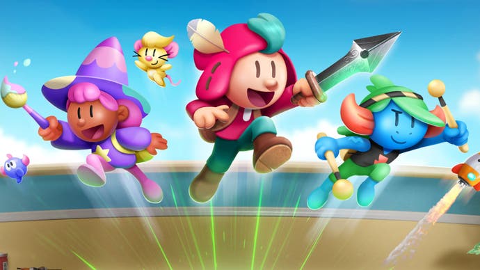 The Plucky Squire official artwork showing Jott and friends leaping excitedly towards the camera