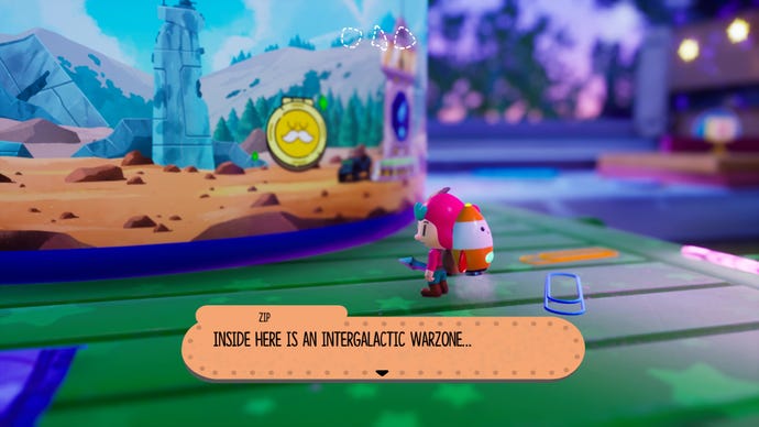 The Plucky Squire stands in the 3D realm, as a sentient backpack tells him there’s an intergalactic war going on in a mug.