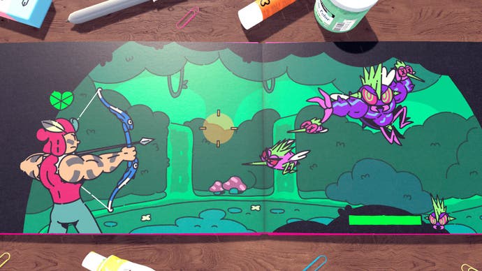 The Plucky Squire screenshot showing a heroic 2D scene in the storybook as your more muscly character shoots flying enemies with a bow