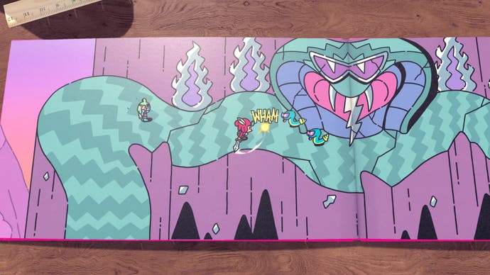 The Plucky Squire screenshot showing a pink storybook page with a giant turquoise snake