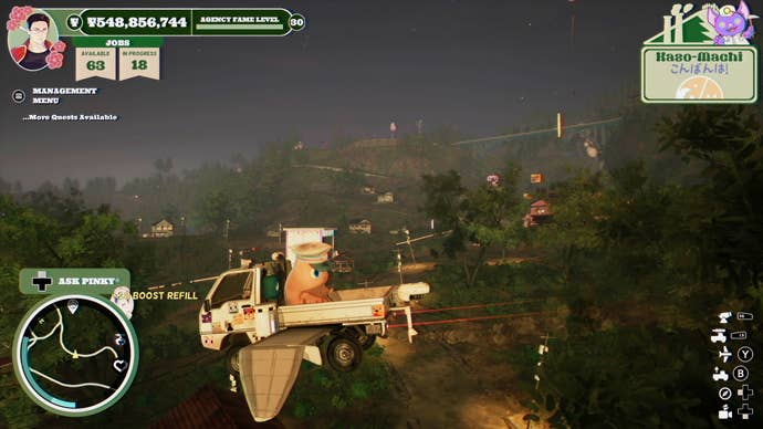 Michi and Pinky flying through Kaso-Machi in their truck in Promise Mascot Agency.