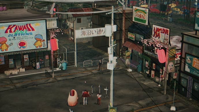 Michi, Pinky, and Shiori in front of some shops in Promise Mascot Agency