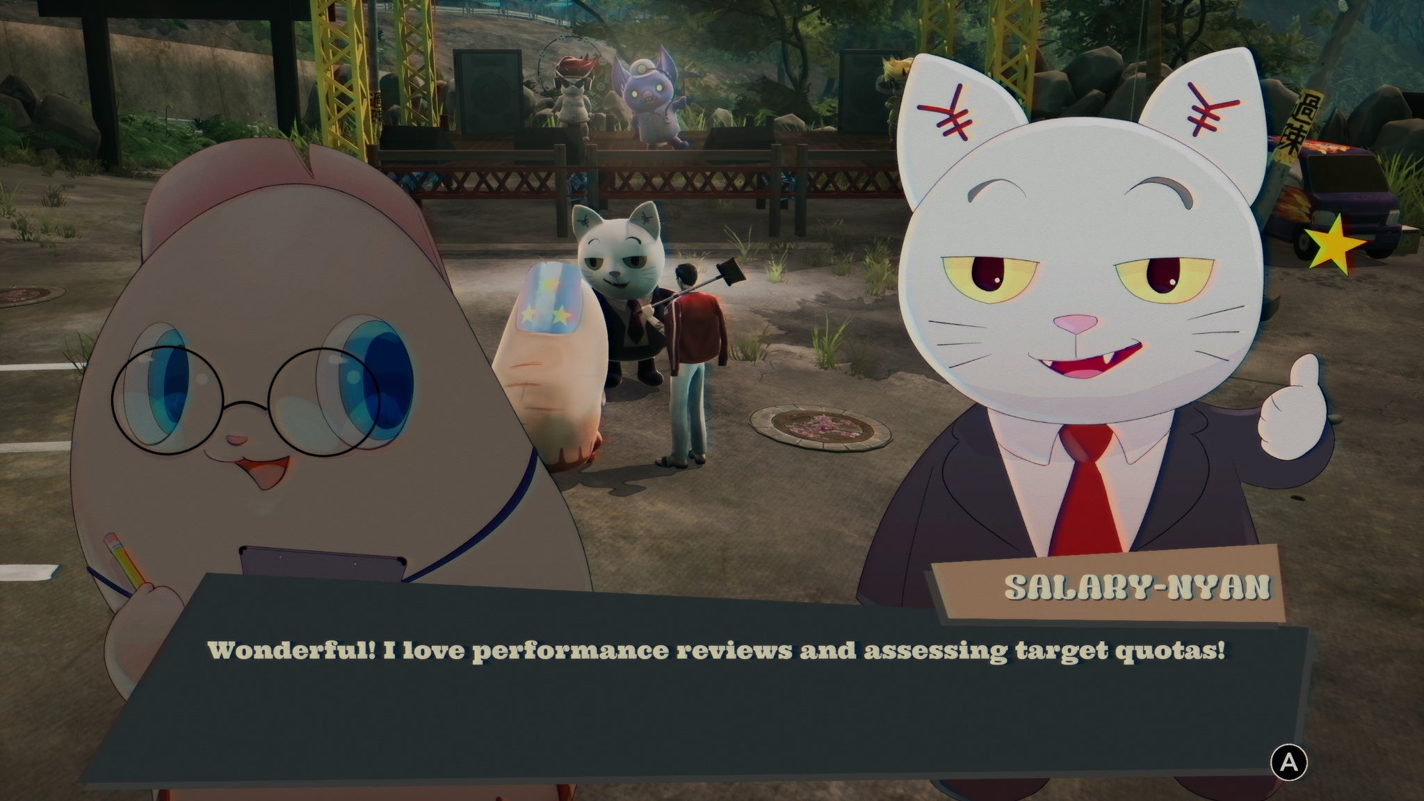 Salary-Nyan talking to Pinky in Promise Mascot Agency. - 5