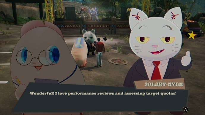Salary-Nyan talking to Pinky in Promise Mascot Agency.