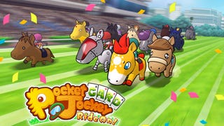 Cute 2D art of horses running down a race track in Pocket Card Jockey Ride On!