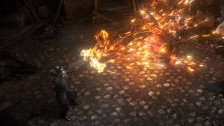 A close-up shot of the Mercenary class in Path of Exile 2, shooting some explosive ammunition from their crossbow at a hulking, bulging matron boss.