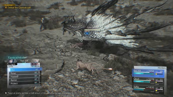 Red XIII readies a Bio spell against Quetzalcoatl in Final Fantasy 7 Rebirth.