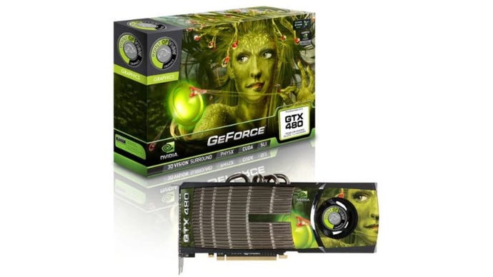 A graphics card box of Point Of View's GeForce GTX 480, showing a green women with plants for hair